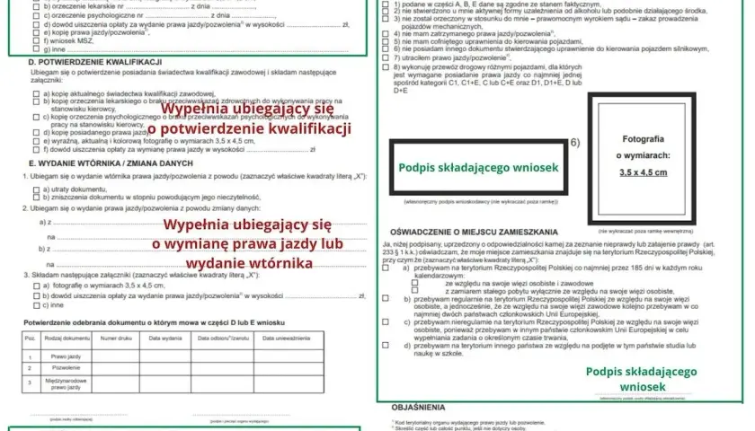 Fragment formularza z polami do wypełnienia, zaznaczone pola i zdjęcie do wniosku.